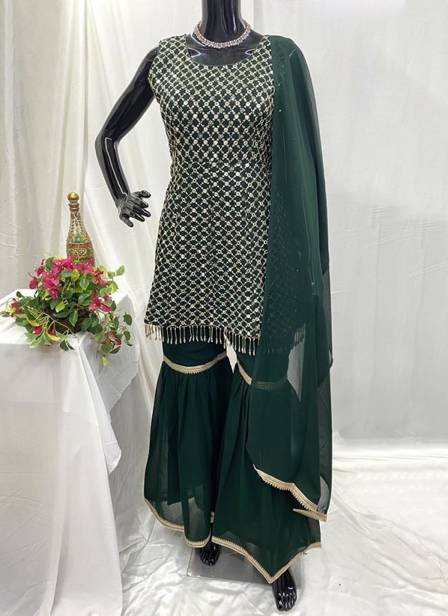 Georgette Dark Green Festival Wear Hand Work Readymade Sharara Suit